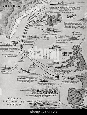 Karte, die die Stadien der dreitausend Meilen langen Jagd veranschaulicht, die zur Zerstörung der Bismarck führte, als Rache für den Verlust von H.M.S. Hood, 24-27. Mai 1941. Aus dem Krieg in Bildern, sechstes Jahr. Stockfoto