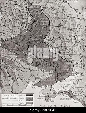 Karte mit dem russischen Vormarsch im Oktober 1943 startete die Rote Armee eine Offensive einer 1.000 km langen Front von Vitebsk zur Halbinsel Taman, Russland, wobei sie auf dem Weg deutsche Brückenköpfe ausrottete. Aus dem Krieg in Bildern, fünftes Jahr. Stockfoto