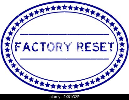 Grunge Blue Factory Reset Word ovaler Gummisiegelstempel auf weißem Hintergrund Stock Vektor