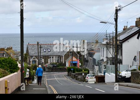 Lady Walking Dog hinunter in Port Issac Cornwall mit dem Meer im Hintergrund. Stockfoto