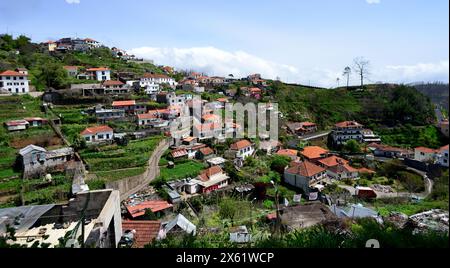 Auf einem Hügel gelegene Häuser auf der Insel Madeira. Stockfoto