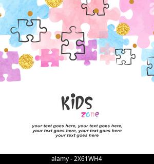 Kinder-Poster-Design mit bunten Puzzleteilen. Vektor Aquarell Kinder Zone Illustration Stock Vektor