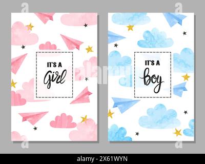 Kinderduschkarten-Set. Aquarell Einladungskarten Design für Babyparty - Mädchen und Junge. Wolken und Papierflugzeuge Stock Vektor