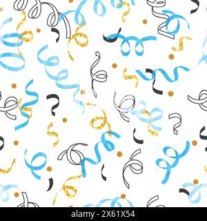 Konfetti- und Schlangenbänder. Hintergrund der Vektorfeier. Abstraktes Partydesign in blauen und goldenen Farben Stock Vektor
