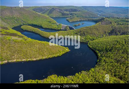 Luftbild, Fluss Rur und Urfttalsperre Urftsee, Fernsicht Waldgebiet Hügel und Täler, Nordeifel Nationalpark Eifel, Rurberg, Simmerath, Nordrhein-Westfalen, Deutschland ACHTUNGxMINDESTHONORARx60xEURO *** Luftsicht, Rur und Urfttalsperre Urftsee, Fernsicht Waldgebiet Hügel und Täler, Nationalpark Nordeifel Eifel, Rurberg, Simmerath, Nordrhein-Westfalen, Deutschland ATTENTIONxMINDESTHONORARx60xEURO Stockfoto