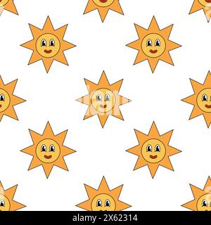 Nahtloses Muster mit Retro Groovy Sun Lächeln. Zeichentrickfilm Sommer Hintergrund. Vektorabbildung. Stock Vektor