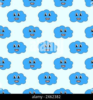 Retro 70er 60er 80er Jahre Hippie Groovy nahtloses Muster mit niedlicher blauer Wolke. Hintergrund des lächelnden Gesichts. Vektorabbildung. Stock Vektor
