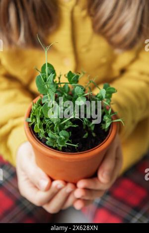 Ein Kind in einem leuchtend gelben Pullover hält zart einen Terrakotta-Topf mit einer grünen Pflanze. Sie sieht die Pflanze mit einem sanften Lächeln und einem Stockfoto