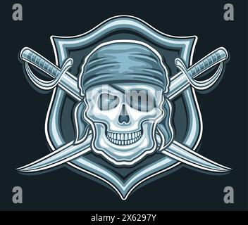 Vektor-Logo für Piratenschädel, dekoratives Poster mit Illustration des bösen lächelnden Piratenschädels in blauem Bandana und gekreuztem Schwert für Esport-Team, Ma Stock Vektor