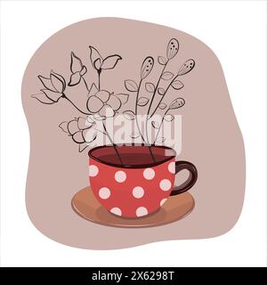 Vektorillustration EPS10 einer Tasse mit Pflanzenzweigen. Die grafische Abbildung ist handgezeichnet für das Design von Tee- oder Kaffeeverpackungen, Logos und Sticks Stock Vektor