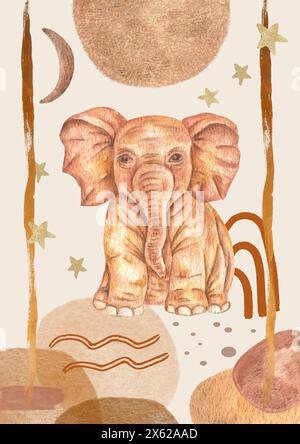 Aquarellplakat im skandinavischen Stil mit Aquarellabbildungen von Elefanten, Sternen, Mond und Regenbogen. Für die Dekoration des Kinderzimmers, Geburtstag Stockfoto