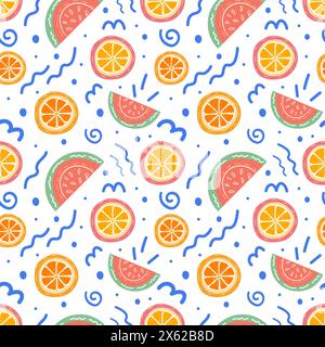 Ein helles, nahtloses Sommermuster mit handgezeichneten Zitrusfrüchten, Wassermelonen und Kritzeleien im nautischen Stil. Modischer Vektor-Illustrationsdruck Stock Vektor
