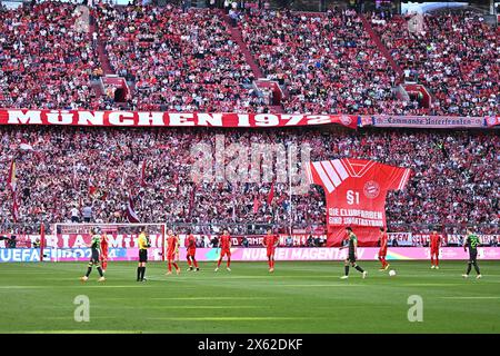 München, Deutschland. Mai 2024. Fußball: Bundesliga, Bayern München - VfL Wolfsburg, Spieltag 33 in der Allianz Arena, Fans mit einem riesigen Trikot mit der Aufschrift „die Clubfarben sind unantastbar“, um gegen die neuen Trikotfarben zu protestieren. WICHTIGER HINWEIS: Gemäß den Vorschriften der DFL Deutscher Fußball-Liga und des DFB Deutscher Fußball-Bundes ist es verboten, im Stadion und/oder im Spiel aufgenommene Fotografien in Form von sequenziellen Bildern und/oder videoähnlichen Fotoserien zu verwenden oder zu verwenden. Quelle: Tom Weller/dpa/Alamy Live News Stockfoto