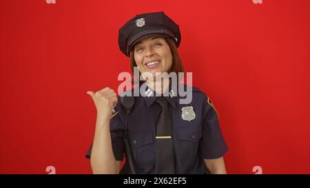 Lächelnde hispanische Polizistin mittleren Alters, die mit Daumen vor rotem Hintergrund gestickt hat. Stockfoto