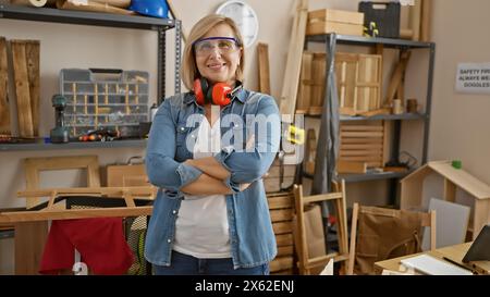 Selbstbewusste Frau mit Schutzbrillen und Gehörschutzbügeln, die in einer gut ausgestatteten Tischlerei steht. Stockfoto