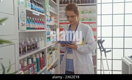 Eine junge kaukasierin, Apothekerin im Labormantel, berät ein Tablett in Regalen, die mit Produkten in einer sonnigen Apotheke bestückt sind. Stockfoto