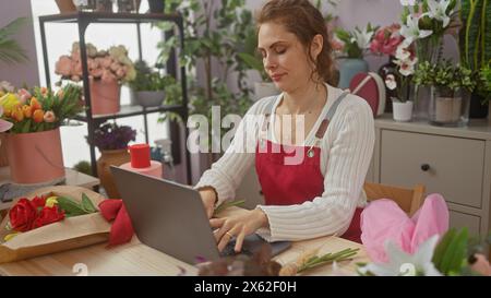 Eine junge Floristin in einer roten Schürze arrangiert Rosen an einem Laptop in einem gemütlichen Blumenladen voller Sträuße. Stockfoto