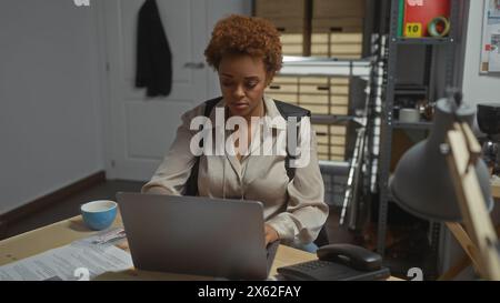 Eine fokussierte afroamerikanische Detektivin, die an einem Laptop in einem Polizeirevier arbeitet. Stockfoto