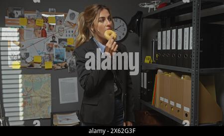 Eine weiße Detektivin isst einen Donut auf einer Polizeiwache, umgeben von Ermittlungsbeweisen. Stockfoto