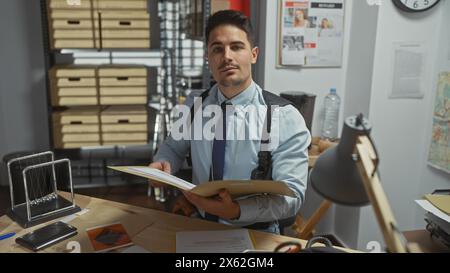 Hübscher junger hispanischer Mann mit Bart in einem Detektivbüro, mit Akte, umgeben von Beweismitteln und Inneneinrichtung. Stockfoto