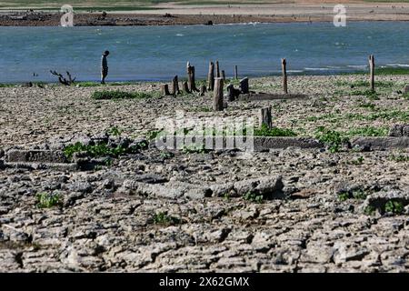 Pantabangan, Philippinen. 12. Mai 2024, Pantabangan, Philippinen: Reste der alten versunkenen Stadt Pantabangan, die wieder aufgetaucht sind, werden durch einen verwelkten Baum an einem trockenen Teil des Reservoirs gesehen, als Folge einer schweren Dürre aufgrund der steigenden Temperaturen auf den Philippinen. Das sechste Wiederauftauchen dieser 300 Jahre alten Siedlung, die eine Kirche und mehrere Grabsteine umfasst, hat Touristen zu Besuch gezogen, nachdem der Wasserstand am Damm aufgrund der El Nino Klimabildungen gesunken ist. Quelle: ZUMA Press, Inc./Alamy Live News Stockfoto