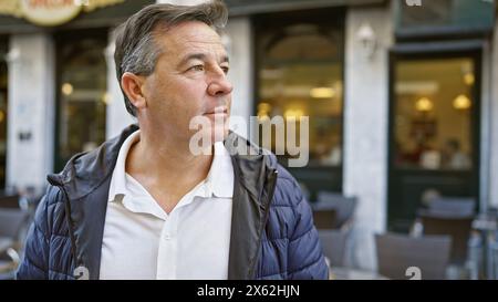 Ein besinnlicher reifer Mann in Jacke und Hemd steht vor einem Café auf einer Straße der Stadt und verkörpert urbanen Casual-Stil. Stockfoto