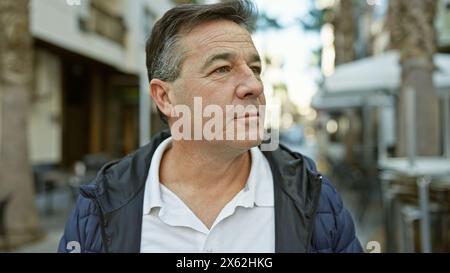 Ein reifer Mann in lässiger Kleidung steht nachdenklich auf einer Stadtstraße mit verschwommenem Terrassenhintergrund. Stockfoto