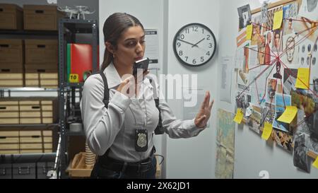 Eine fokussierte Detektivin nimmt eine Sprachnachricht auf, während sie in einem Polizeirevier Verbrechenshinweise untersucht. Stockfoto