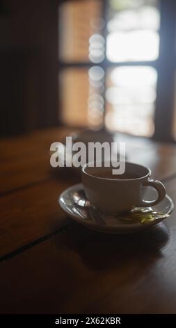Eine gemütliche Café-Szene mit warmer Beleuchtung mit einer weißen Tasse Kaffee auf einer Untertasse mit Löffel und Zuckerpackung. Stockfoto