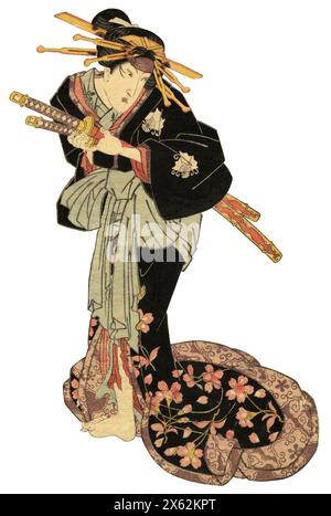 Vintage-japanischer Holzblock-Druck von Kunisada mit einer stehenden Frau, die Schwerter in einem Kimono auf weißem Hintergrund trägt, mit Schnittpfaden mit Schnittpfaden Stockfoto