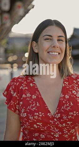 Die wunderschöne hispanische Frau posiert strahlend, lacht und lächelt und strahlt Selbstvertrauen aus im yasaka-Tempel in kyoto, japan. Stockfoto