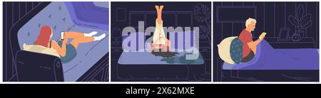 Menschen, die mit Handys wach im Bett liegen Stock Vektor