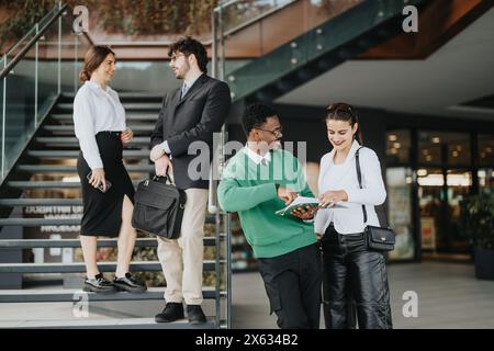 Multikulturelles Geschäftsteam diskutiert Strategien im Freien Stockfoto