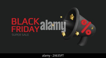 Black Friday Superangebot. Promo-Hintergrund mit realistischen 3D-Comic-Elementen, schwarzem Megaphon und Prozentsymbolen. Werbebanner, Webposter Stock Vektor