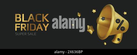 Black Friday Superangebot. Promo-Hintergrund mit realistischen 3D-Comic-Elementen, schwarzem Megaphon und Prozentsymbolen. Werbebanner, Webposter Stock Vektor