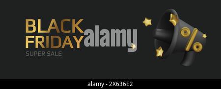 Black Friday Superangebot. Promo-Hintergrund mit realistischen 3D-Comic-Elementen, schwarzem Megaphon und Prozentsymbolen. Werbebanner, Webposter Stock Vektor