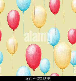 Nahtloses Muster mit handgemalten roten, blauen, gelben Luftballons isoliert auf gelbem Hintergrund. Handgemachte Aquarellabbildung auf weißem Hintergrund. Stockfoto