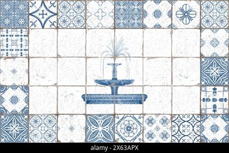 Brunnen mit fließendem Wasser in monochromatischer blau-weißer Farbe eingerahmt alte Azulejos Keramikfliesen. Aquarelltechnik. Zeichentrickstil für Stockfoto