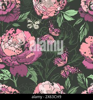 Blumenmuster. Pfingstrosen nahtloses Muster mit Schmetterlingen. Dunkler Hintergrund. 90er-Jahre-STYLE. Handzeichnung. Nicht AI, Vektorillustration Stock Vektor