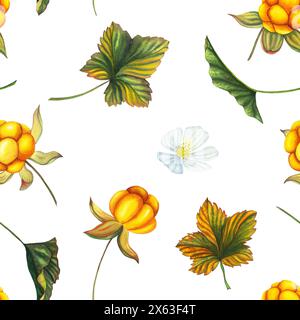 Nahtloses Aquarellmuster mit handgezeichneter Orangenbeere mit Beeren, Blättern, Blüte. Botanische Waldbeeren-Illustration auf weißem isoliertem bac Stockfoto