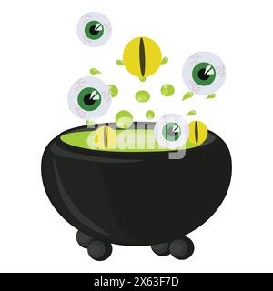 Kessel mit Hexentrank und Zutaten. Vektorillustration isoliert auf weißem Hintergrund. Stock Vektor
