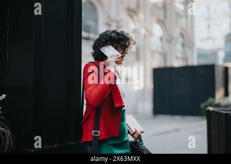 Selbstbewusste Geschäftsfrau, die telefoniert, während sie in der Stadt spaziert Stockfoto