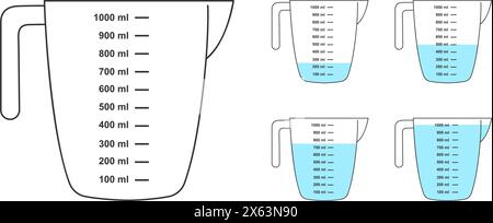 Set aus leeren und mit Wasser gefüllten Messbechern mit 1 Liter Volumen. Flüssigkeitsbehälter zum Kochen oder für chemische Experimente mit einer Flüssigkeitsskala, die auf weißem Hintergrund isoliert ist. Illustration der Vektorabwicklung. Stock Vektor