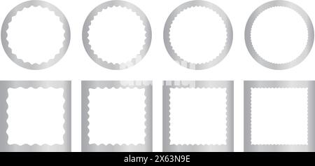 Set aus glänzenden silberfarbenen quadratischen und runden Spiegeln, Foto- oder Bilderrahmen mit gewellten inneren Rändern. Dekorationselemente. Metallische Aufkleber isoliert auf weißem Hintergrund. Vektorabbildung. Stock Vektor