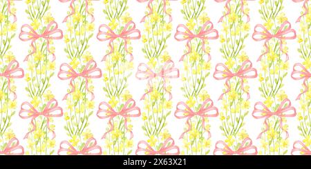 Blumen - gelbe kleine Muster vertikale Streifen Aquarellillustration. Blumenmuster auf Sommerwiese mit Wildblumen. Isoliert vom Backgr Stockfoto