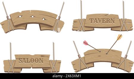 Zeichentrickschilder aus Holz mit Seilen Stock Vektor
