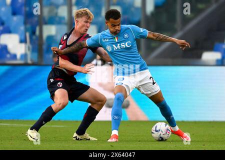 Victor Kristiansen von Bologna FC und Cyril Ngonge vom SSC Napoli treten um den Ball während des Fußballspiels der Serie A zwischen SSC Napoli und Bologna FC im Diego Armando Maradona Stadion in Neapel (Italien) am 11. Mai 2024 an. Stockfoto