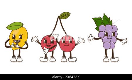 Obst und Beeren im groovigen Stil. Zitronenkirsche und Trauben. Charaktere trendiges Retro-Comic-Maskottchen. Bannerposter entwerfen. Y2K Hippie 70er, 80er Jahre Vektorabbildung. Stock Vektor