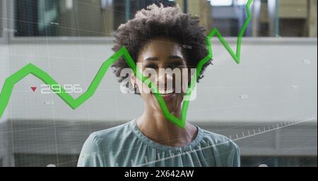 Abbildung von Diagrammen mit wechselnden Zahlen über lächelnde afroamerikanerin im Amt Stockfoto