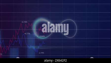 Bild des Neonunendlichtsymbols über statistischer Datenverarbeitung vor blauem Hintergrund Stockfoto